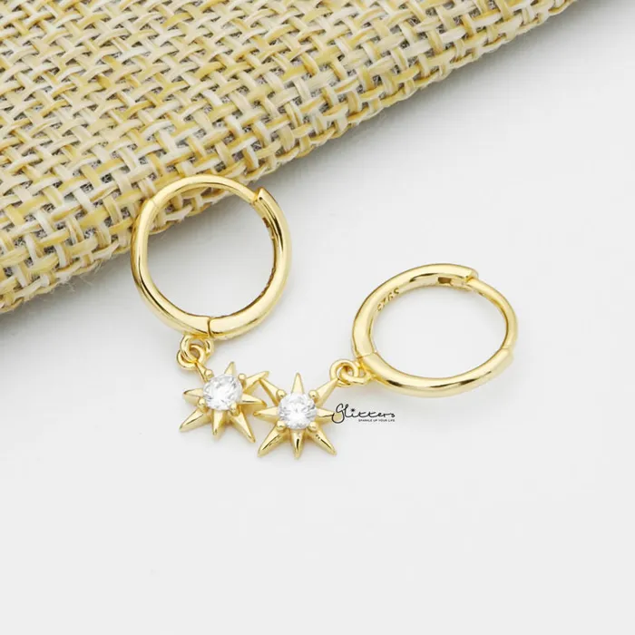 Glitters Earrings Sterling Silver Huggie Hoop Earrings with Dangle Star Gold