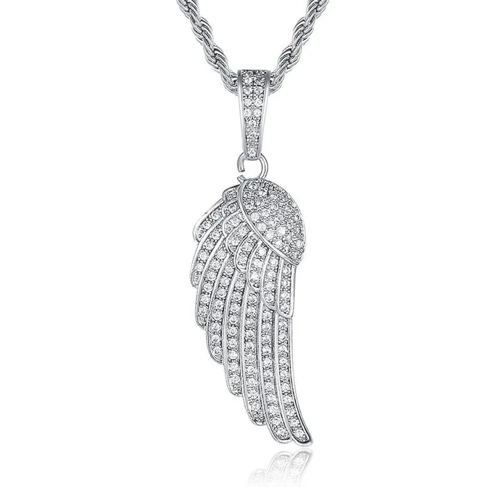 Glitters Iced Out Angel Wing Pendant Silver Necklaces