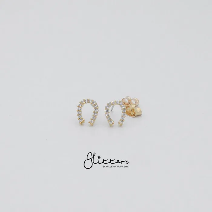 Glitters Micro Cubic Zirconia Paved Horseshoe Stud Earrings with Sterling Silver Post Earrings