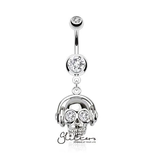 Glitters Rings 316L Surgical Steel Headset Skull with Cubic Zirconia Eyes Dangle Belly RingClear Glitters Rings 316L Surgical Steel Headset Skull with Cubic Zirconia Eyes Dangle Belly RingClear