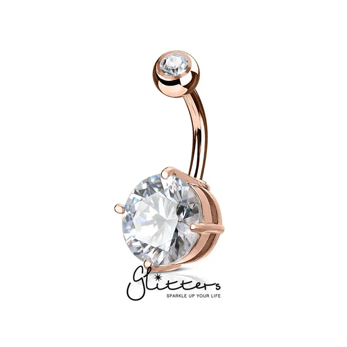 Glitters Rings Double Gemmed Solitaire Round CZ Prong Set Belly Button Ring Rose Gold Glitters Rings Double Gemmed Solitaire Round CZ Prong Set Belly Button Ring Rose Gold