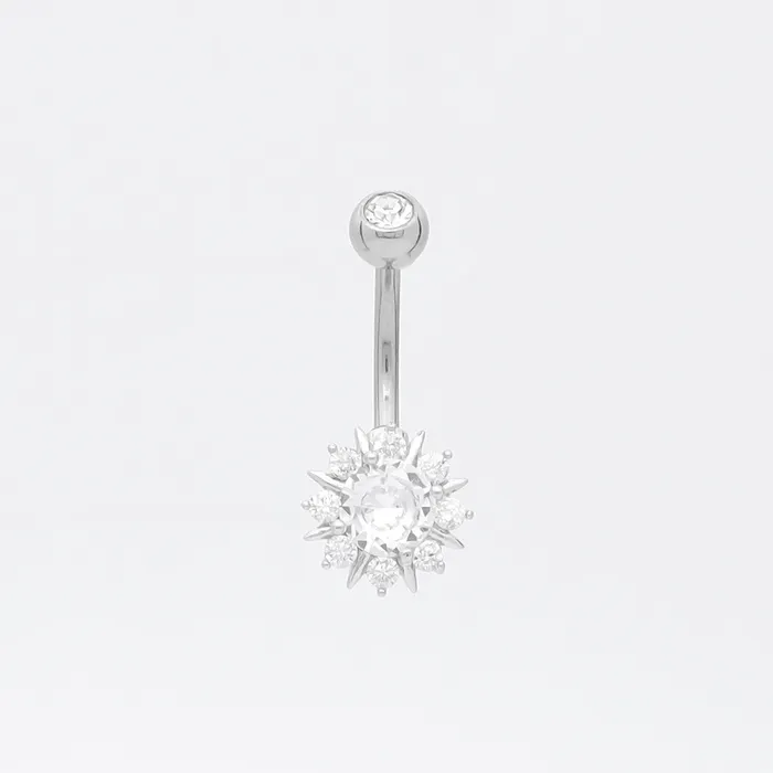 Glitters Rings Round CZ Sunburst Belly Button Ring Silver