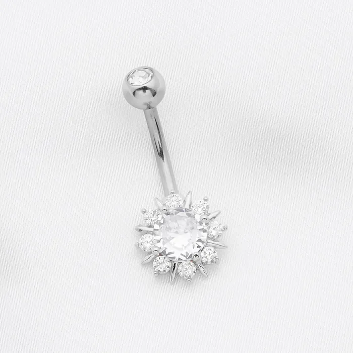 Glitters Rings Round CZ Sunburst Belly Button Ring Silver