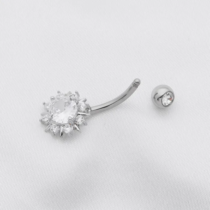 Glitters Rings Round CZ Sunburst Belly Button Ring Silver