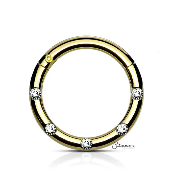 Glitters Rings Surgical Steel Hinged Segment Hoop Ring with 5 Crystals Gold