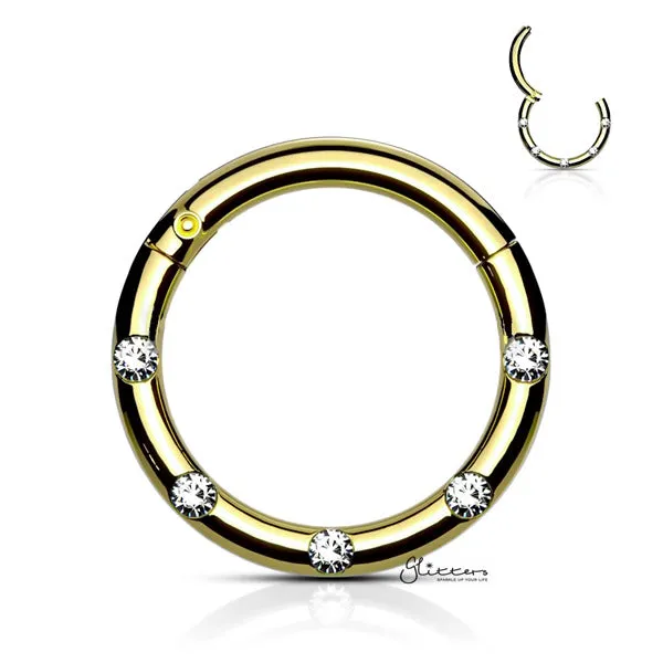 Glitters Rings Surgical Steel Hinged Segment Hoop Ring with 5 Crystals Gold
