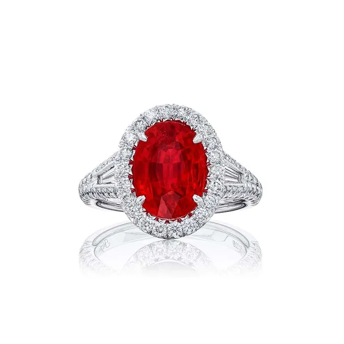 JEWELS BY STAR Rings Burmese Oval Ruby Diamond Tapered Baguette Engagement Ring with Halo JEWELS BY STAR Rings Burmese Oval Ruby Diamond Tapered Baguette Engagement Ring with Halo