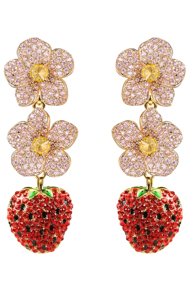 Juicy Strawberry 18K Gold Plated CZ Drop Earrings Eye Candy LA Earrings