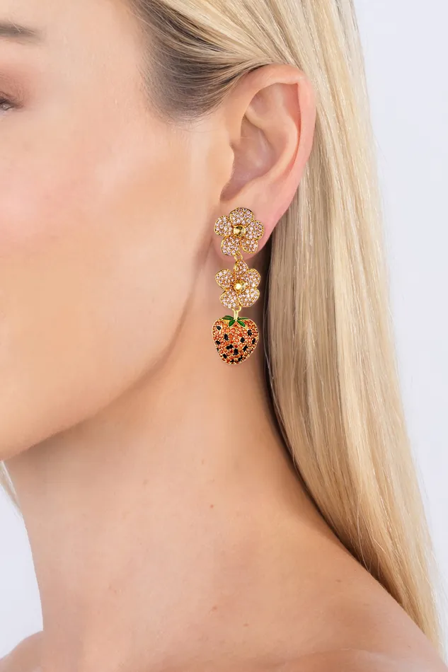 Juicy Strawberry 18K Gold Plated CZ Drop Earrings Eye Candy LA Earrings