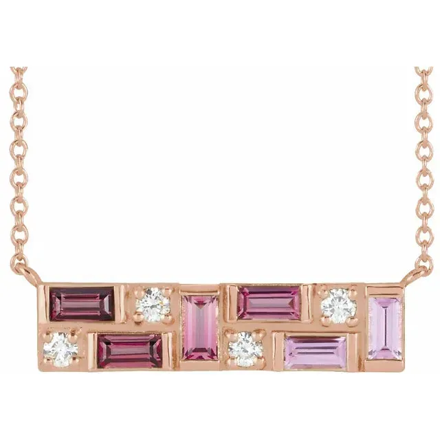 Mosaic Natural Blue Topaz or Pink Sapphire Tourmaline Garnet Diamond Bar 18 Necklace 14K White Yellow Rose Gold Storyteller by Vintage Magnality Necklaces Mosaic Natural Blue Topaz or Pink Sapphire Tourmaline Garnet Diamond Bar 18 Necklace 14K White Yellow Rose Gold Storyteller by Vintage Magnality Necklaces