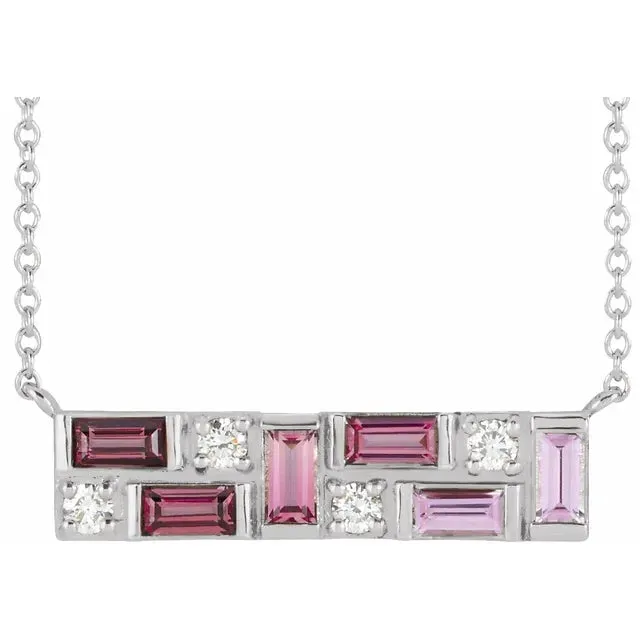 Mosaic Natural Blue Topaz or Pink Sapphire Tourmaline Garnet Diamond Bar 18 Necklace 14K White Yellow Rose Gold Storyteller by Vintage Magnality Necklaces