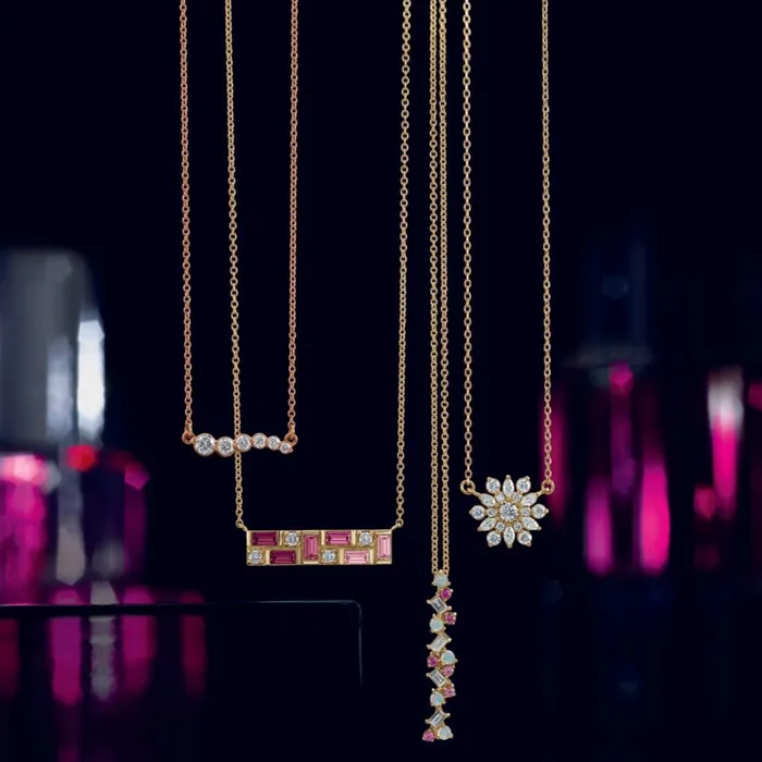 Mosaic Natural Blue Topaz or Pink Sapphire Tourmaline Garnet Diamond Bar 18 Necklace 14K White Yellow Rose Gold Storyteller by Vintage Magnality Necklaces