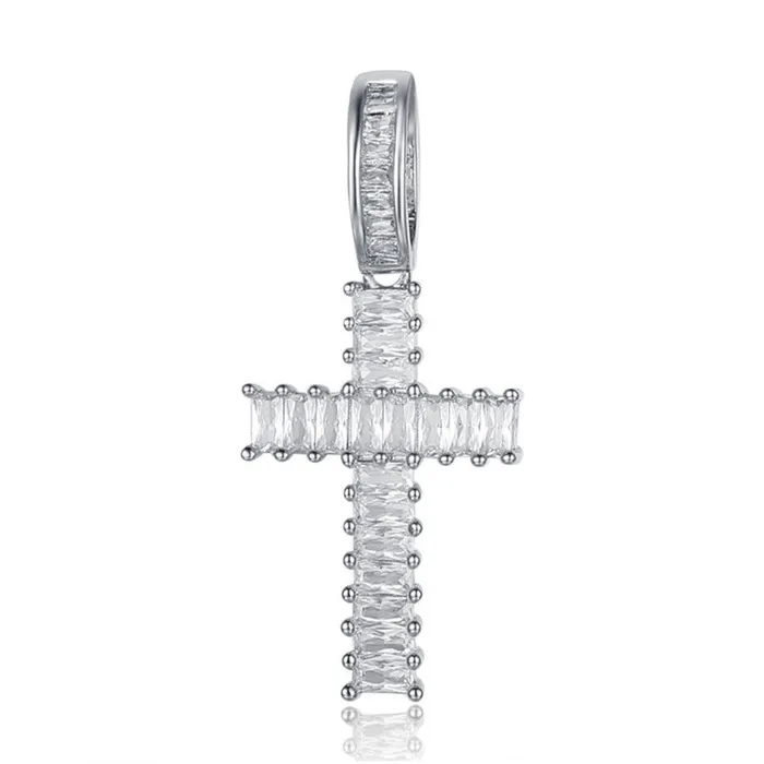 Necklaces Glitters Baguette Diamond Cross Pendant Silver