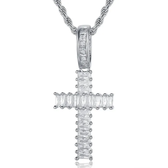 Necklaces Glitters Baguette Diamond Cross Pendant Silver