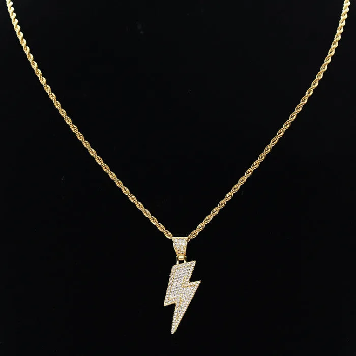 Necklaces Glitters Iced Out Lightning Bolt Pendant Silver