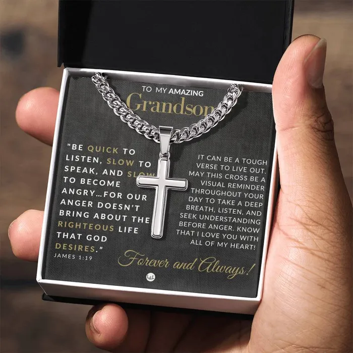 Necklaces ShineOn Fulfillment Grandson Gift James 119 Christian Encouragement Christian Cross Pendant on Mens Chain Necklace Great for Christmas His Birthday Baptism or Confirmation