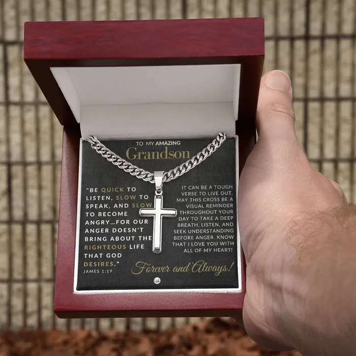 Necklaces ShineOn Fulfillment Grandson Gift James 119 Christian Encouragement Christian Cross Pendant on Mens Chain Necklace Great for Christmas His Birthday Baptism or Confirmation
