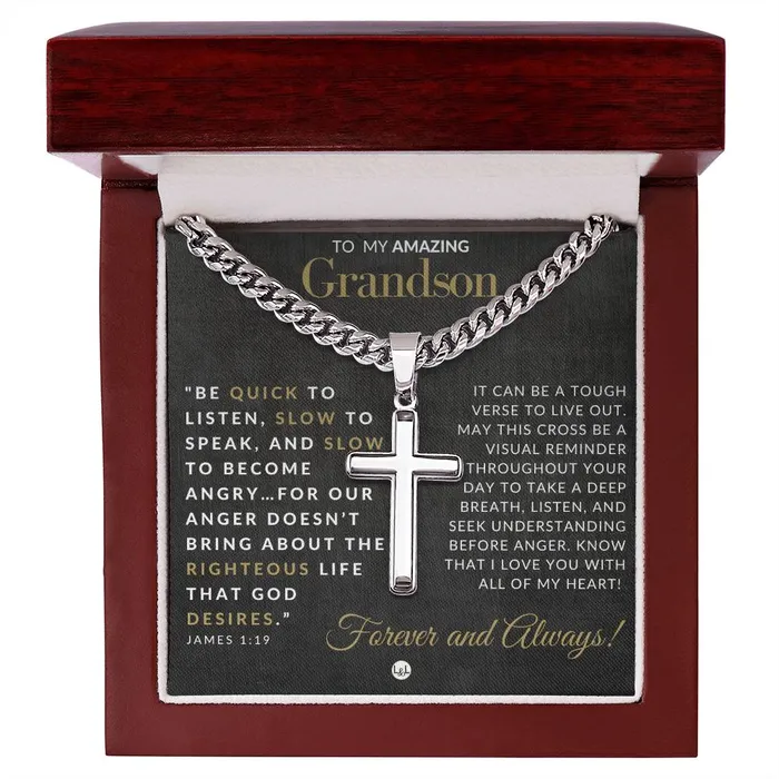 Necklaces ShineOn Fulfillment Grandson Gift James 119 Christian Encouragement Christian Cross Pendant on Mens Chain Necklace Great for Christmas His Birthday Baptism or Confirmation