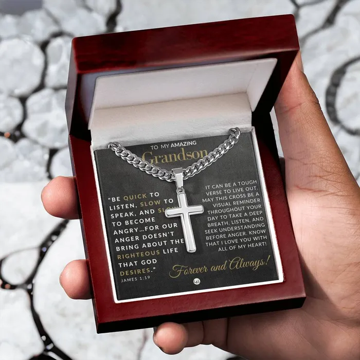 Necklaces ShineOn Fulfillment Grandson Gift James 119 Christian Encouragement Christian Cross Pendant on Mens Chain Necklace Great for Christmas His Birthday Baptism or Confirmation