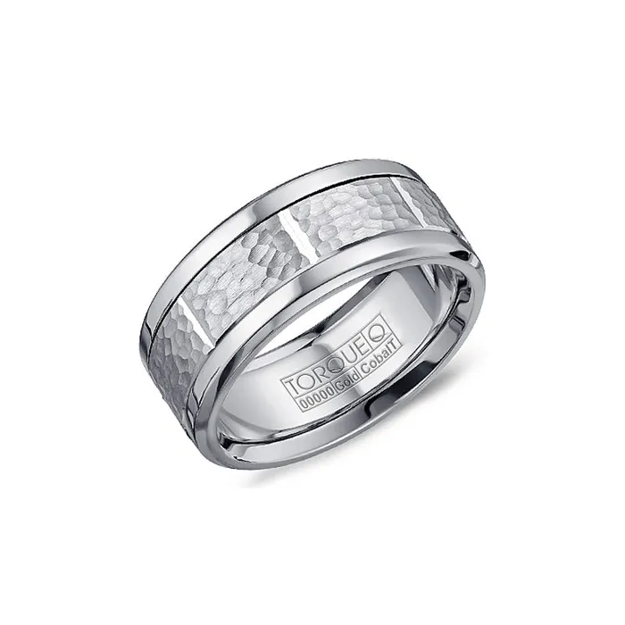 Rings 14K White Gold and Cobalt Hammered Section Inlay Band CROWN RING
