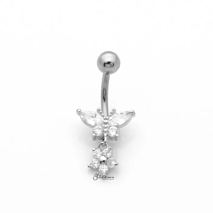Rings CZ Butterfly with Dangle Flower Belly Button Navel Ring Silver Glitters