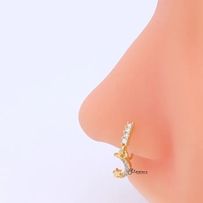 Rings CZ Hoop Nose Ring with Dangle Crescent Moon and Star Gold Glitters