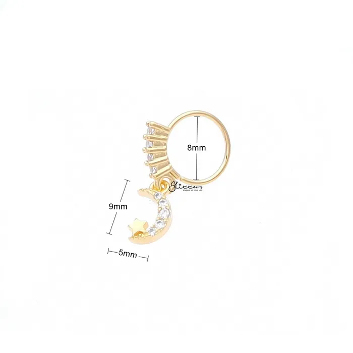 Rings CZ Hoop Nose Ring with Dangle Crescent Moon and Star Gold Glitters