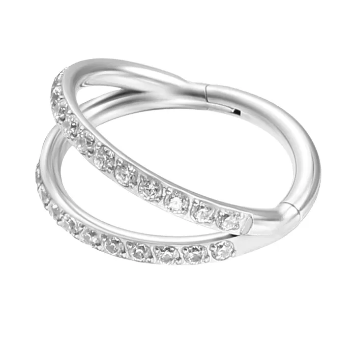 Rings CZ Paved Double Lines Hinged Segment Hoop Ring Glitters