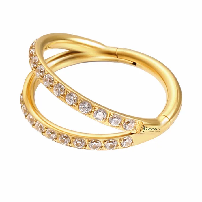 Rings CZ Paved Double Lines Hinged Segment Hoop Ring Glitters