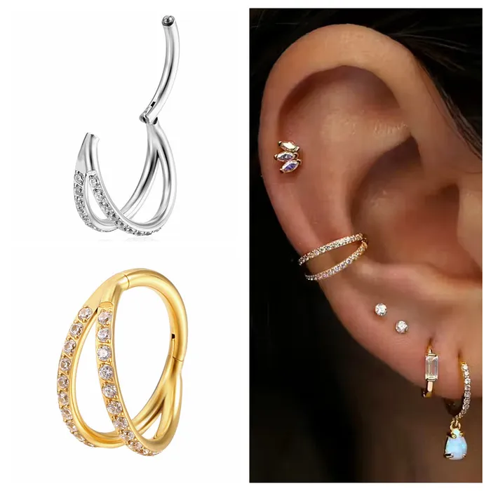 Rings CZ Paved Double Lines Hinged Segment Hoop Ring Glitters