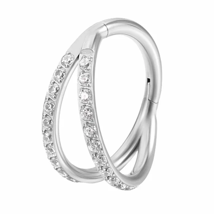 Rings CZ Paved Double Lines Hinged Segment Hoop Ring Glitters