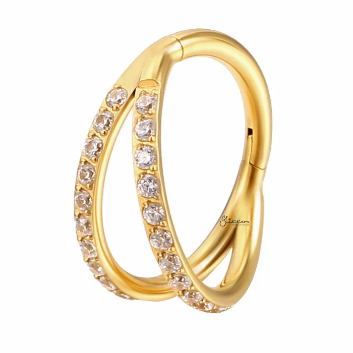 Rings CZ Paved Double Lines Hinged Segment Hoop Ring Glitters