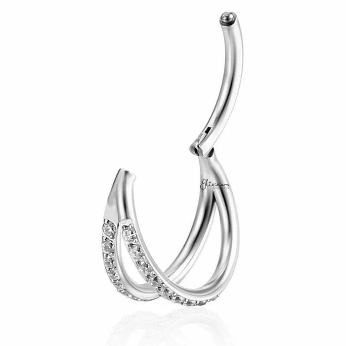 Rings CZ Paved Double Lines Hinged Segment Hoop Ring Glitters