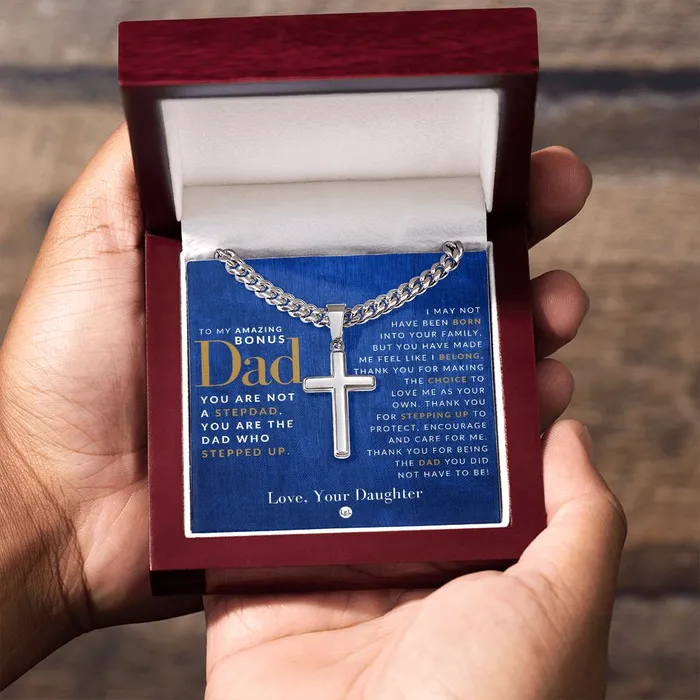ShineOn Fulfillment Necklaces Gift For Bonus Dad From Daughter Mens Chain with Engravable Cross Necklace Christian Jewelry For Dad For Fathers Day Christmas or His Birthday