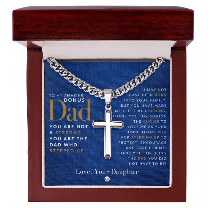 ShineOn Fulfillment Necklaces Gift For Bonus Dad From Daughter Mens Chain with Engravable Cross Necklace Christian Jewelry For Dad For Fathers Day Christmas or His Birthday