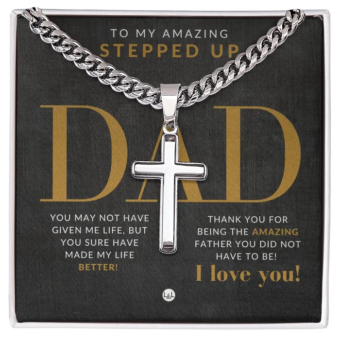 ShineOn Fulfillment Necklaces Stepped Up Dad Present Step Dad Gift Bonus Dad Gift Cuban Chain with Artisan Cross Necklace Christian Jewelry For Him For Fathers Day Christmas or His Birthday ShineOn Fulfillment Necklaces Stepped Up Dad Present Step Dad Gift Bonus Dad Gift Cuban Chain with Artisan Cross Necklace Christian Jewelry For Him For Fathers Day Christmas or His Birthday