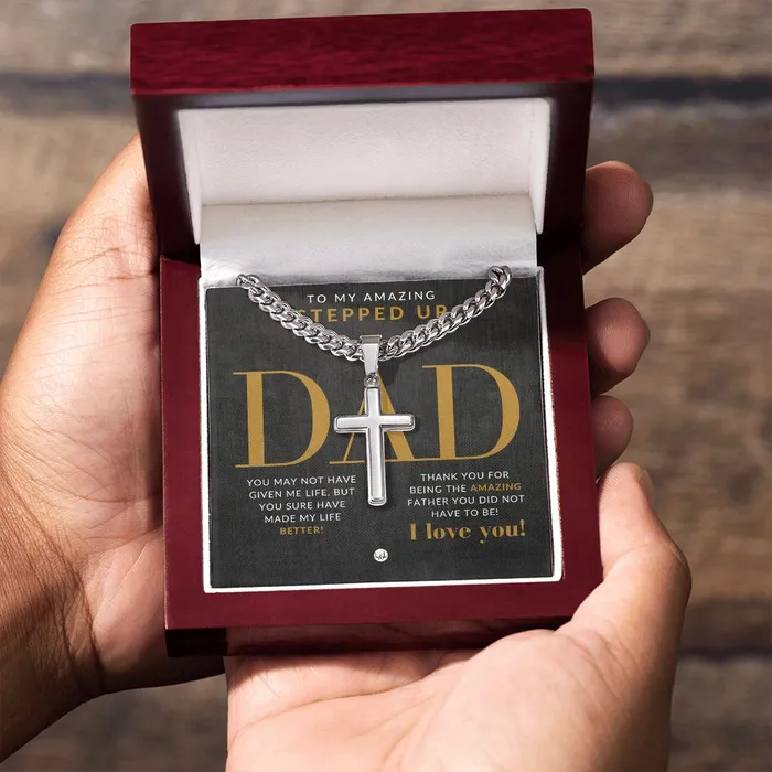 ShineOn Fulfillment Necklaces Stepped Up Dad Present Step Dad Gift Bonus Dad Gift Cuban Chain with Artisan Cross Necklace Christian Jewelry For Him For Fathers Day Christmas or His Birthday