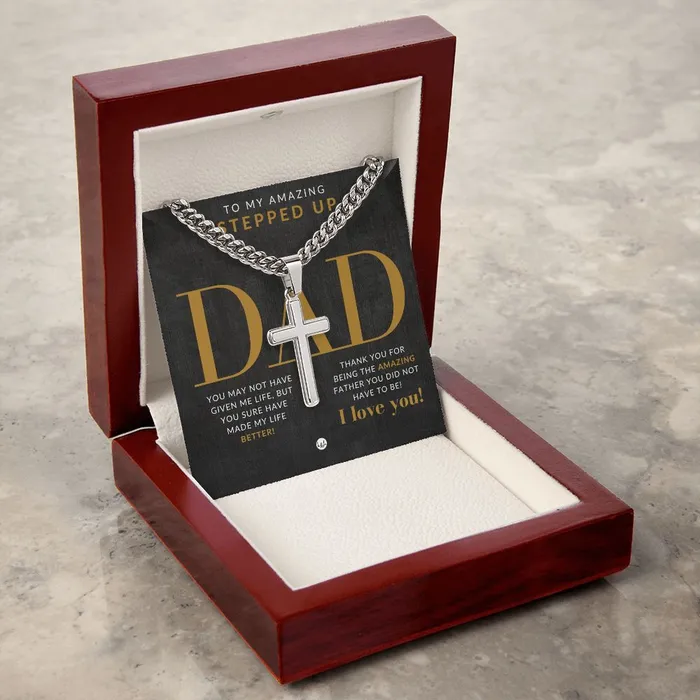 ShineOn Fulfillment Necklaces Stepped Up Dad Present Step Dad Gift Bonus Dad Gift Cuban Chain with Artisan Cross Necklace Christian Jewelry For Him For Fathers Day Christmas or His Birthday
