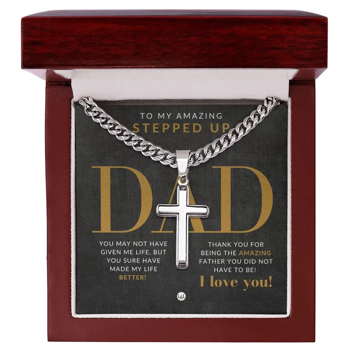 ShineOn Fulfillment Necklaces Stepped Up Dad Present Step Dad Gift Bonus Dad Gift Cuban Chain with Artisan Cross Necklace Christian Jewelry For Him For Fathers Day Christmas or His Birthday