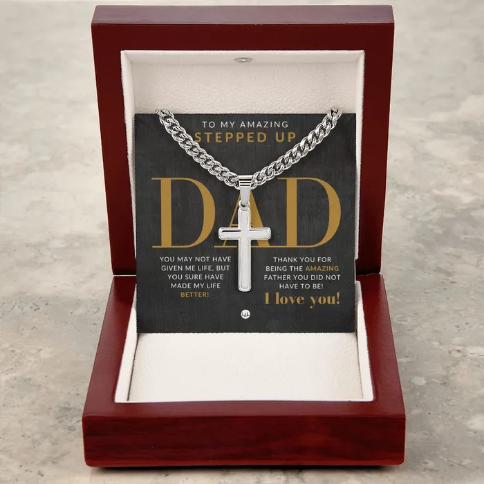 ShineOn Fulfillment Necklaces Stepped Up Dad Present Step Dad Gift Bonus Dad Gift Cuban Chain with Artisan Cross Necklace Christian Jewelry For Him For Fathers Day Christmas or His Birthday