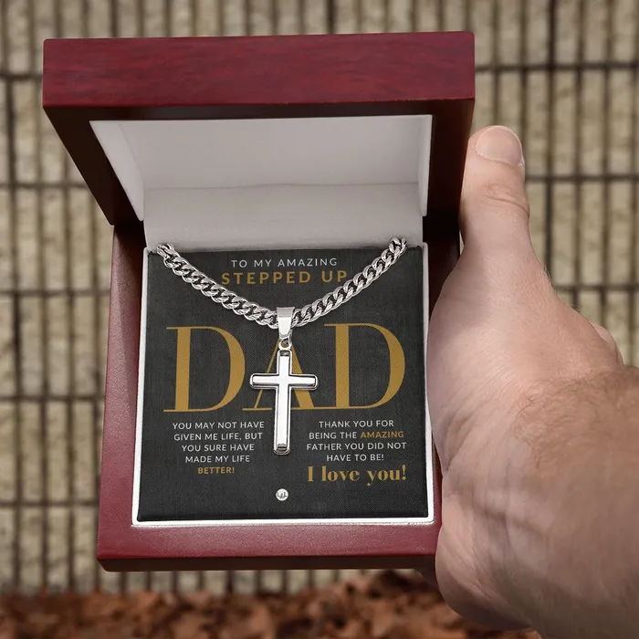 ShineOn Fulfillment Necklaces Stepped Up Dad Present Step Dad Gift Bonus Dad Gift Cuban Chain with Artisan Cross Necklace Christian Jewelry For Him For Fathers Day Christmas or His Birthday