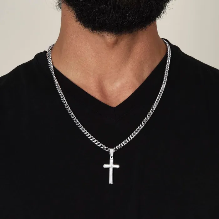 ShineOn Fulfillment Necklaces Stepped Up Dad Present Step Dad Gift Bonus Dad Gift Cuban Chain with Artisan Cross Necklace Christian Jewelry For Him For Fathers Day Christmas or His Birthday