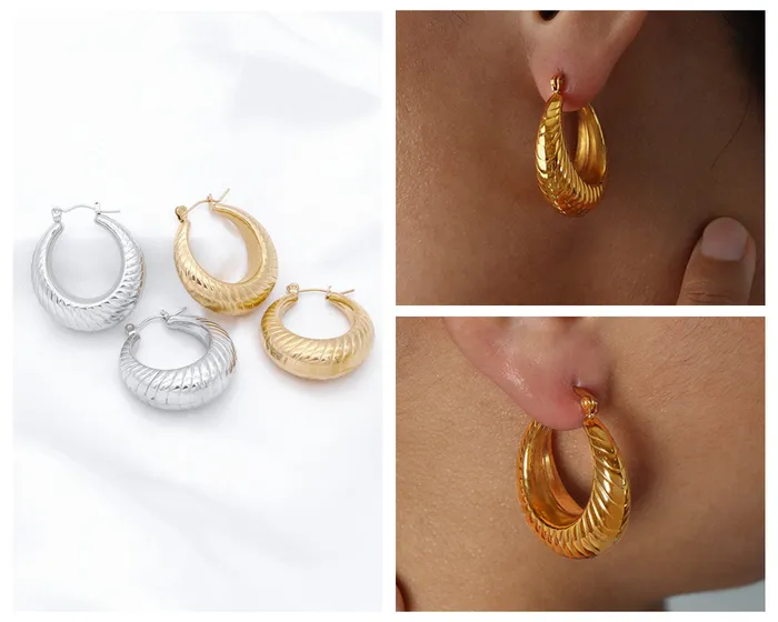 Stainless Steel Twisted Pattern Hoop Earrings Silver Glitters Earrings