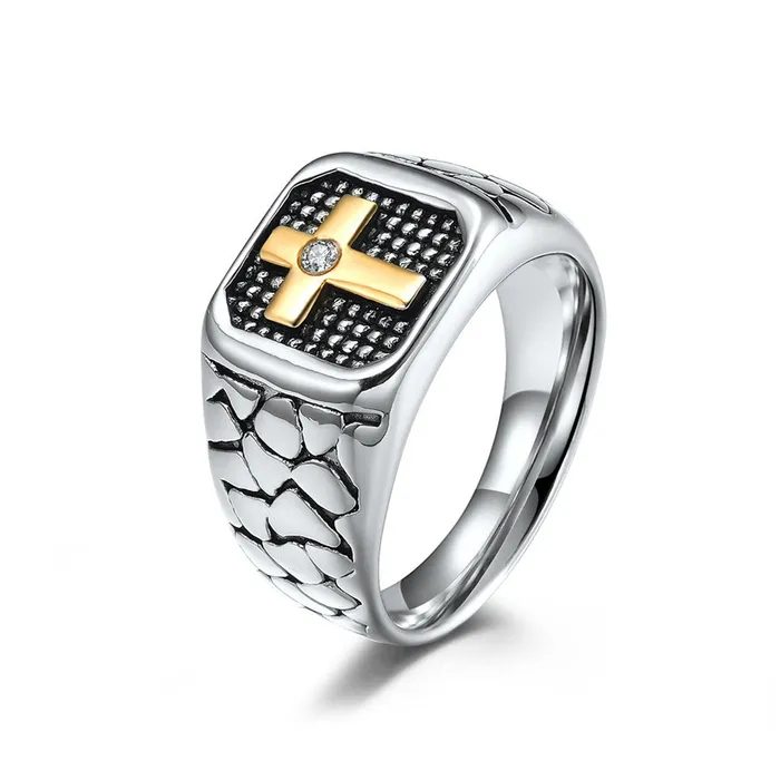 Stainless Steel Two Tone Cross Ring Glitters Rings