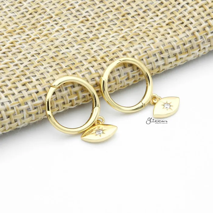 Sterling Silver CZ Eye Shaped Charm Huggie Hoop Earrings Gold Glitters Earrings Sterling Silver CZ Eye Shaped Charm Huggie Hoop Earrings Gold Glitters Earrings