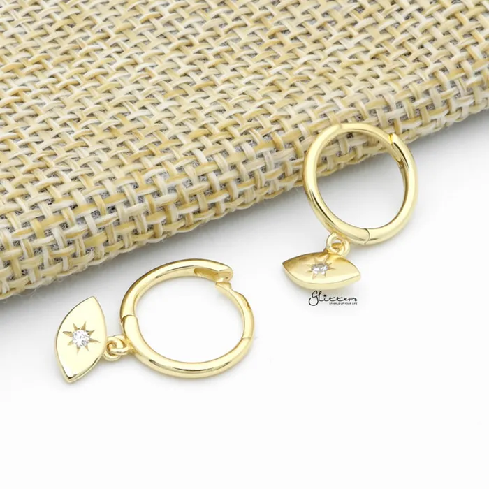 Sterling Silver CZ Eye Shaped Charm Huggie Hoop Earrings Gold Glitters Earrings
