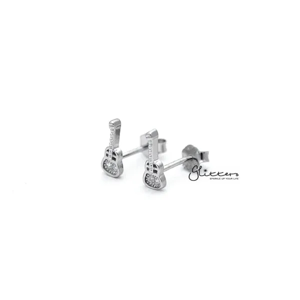 Sterling Silver Guitar Womens Stud Earrings Glitters Earrings