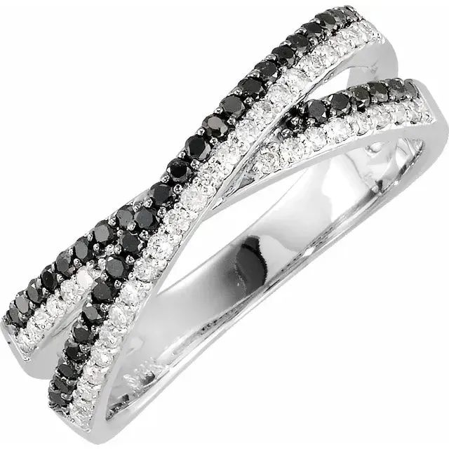 Storyteller by Vintage Magnality Rings Gabrielle Black White Natural Diamond 38 CTW CrissCross Ring Solid 14K White Gold Storyteller by Vintage Magnality Rings Gabrielle Black White Natural Diamond 38 CTW CrissCross Ring Solid 14K White Gold