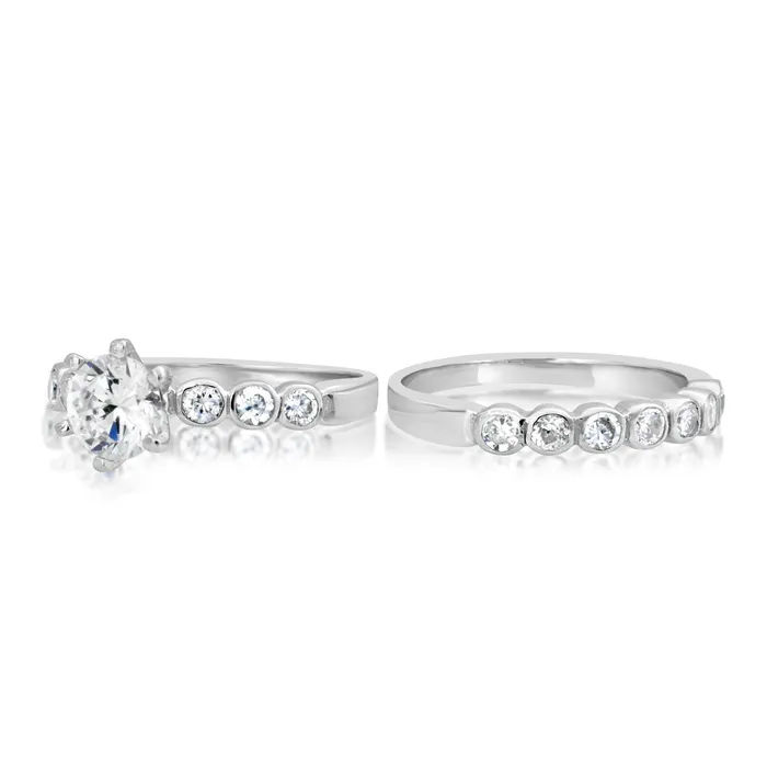 Teeda Rings RSZ2154 Bezel Set CZ Engagement Wedding Ring Set