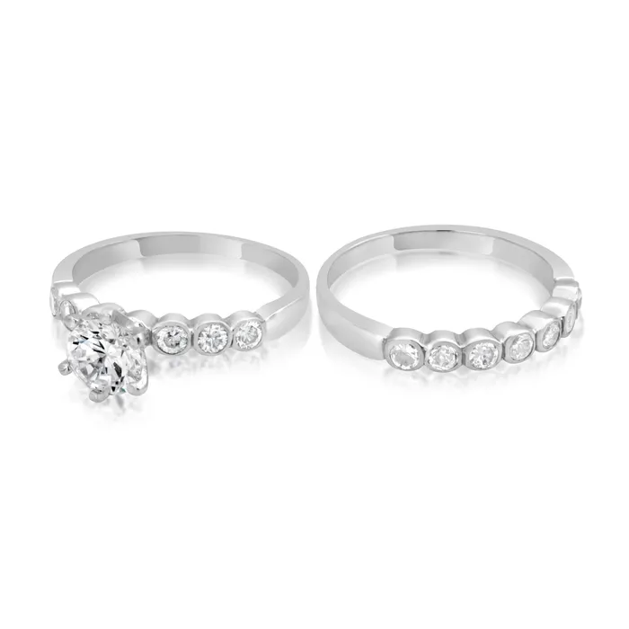 Teeda Rings RSZ2154 Bezel Set CZ Engagement Wedding Ring Set